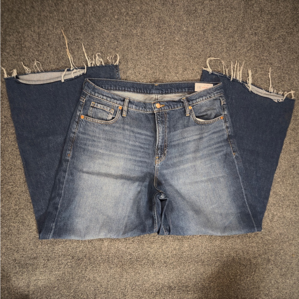 GAP Women's Baggy Mid Rise Ultrasoft Frayed Hem Blue Jeans Sz 14x32